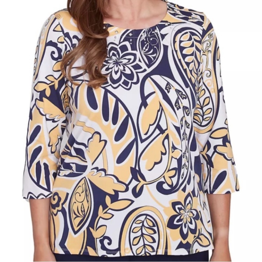 Alfred Dunner Women’s Navy, Yellow & White Printed 3/4 Sleeve Top